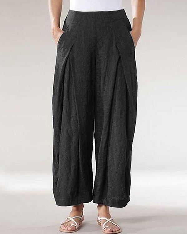 Casual Solid Patchwork Wide Leg  Linen Pants