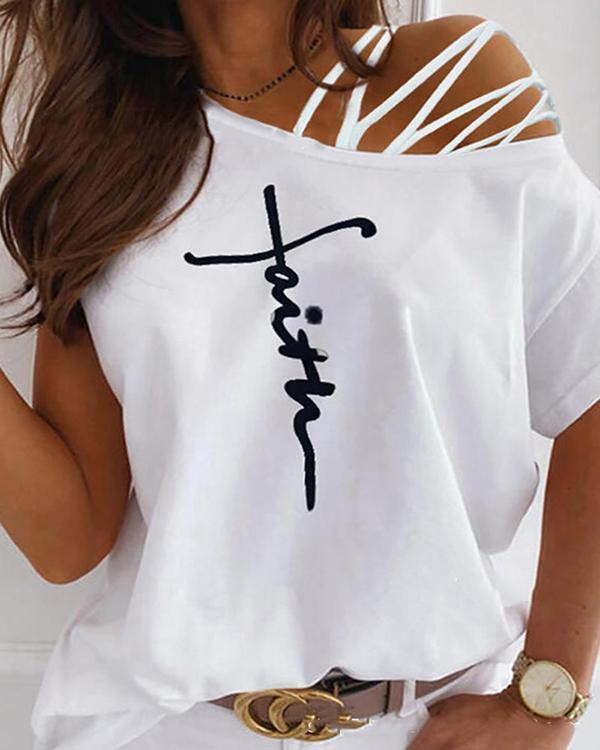 Cross Strap Letter Print Short Sleeve One Shoulder Fashion Blouses