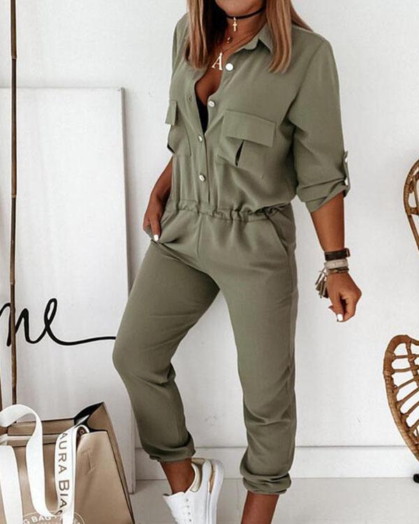 Shirt Collar Half-Sleeved Single-Breasted Pockets Cargo Jumpsuit