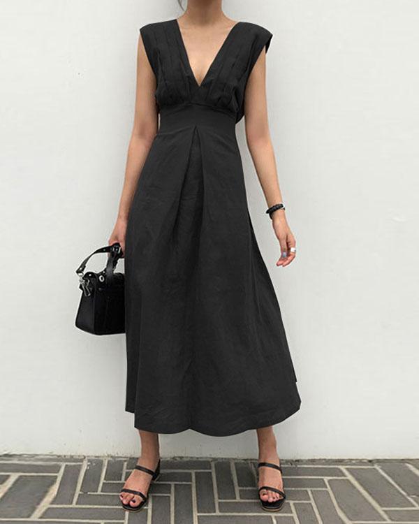 Solid Sleeveless Deep V Neck Fit&Flare Linen Maxi Dresses