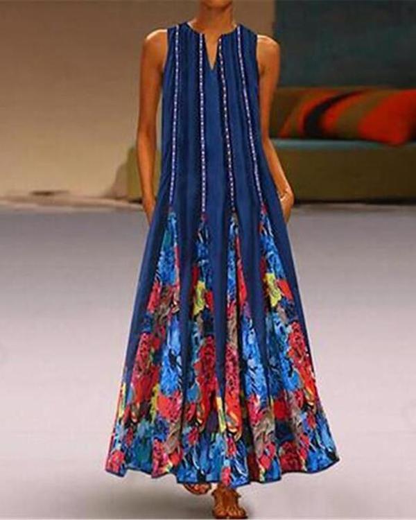 Women's Tunic Sleeveless Tribal Print Maxi long Dress