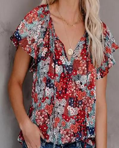 Summer Butterfly Sleeve Floral Print Women Blouse