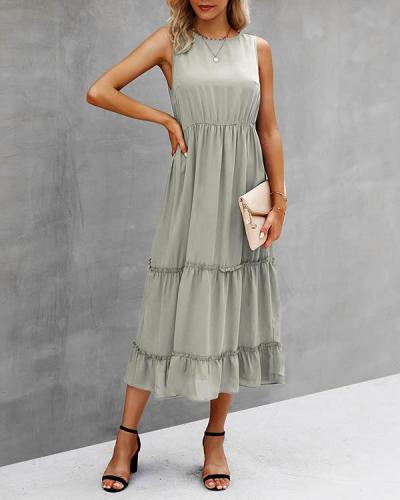 Solid Color Pleated Sleeveless Midi Dress