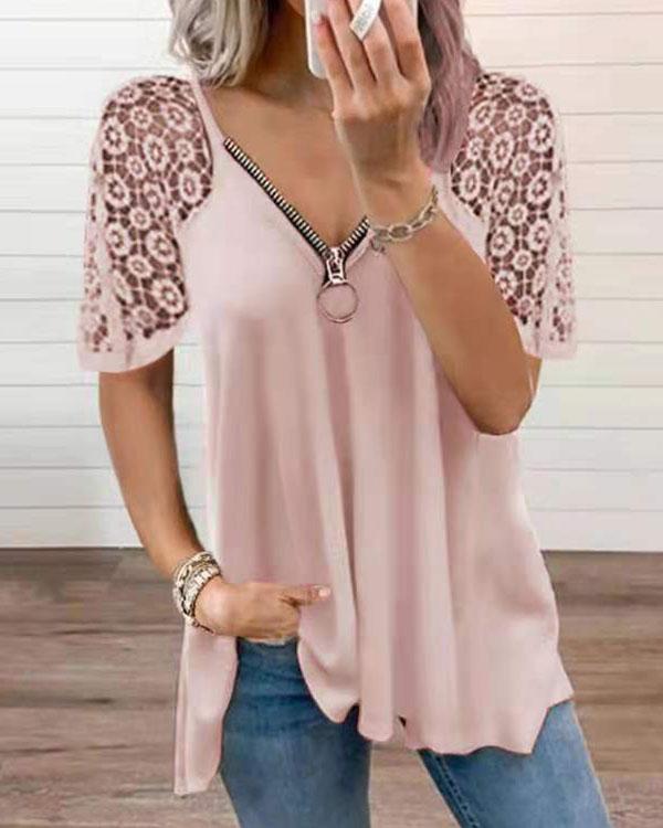 Women's Floral Lace Zipper V-neck T-shirt