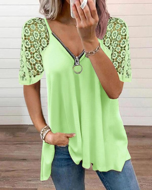 Women's Floral Lace Zipper V-neck T-shirt