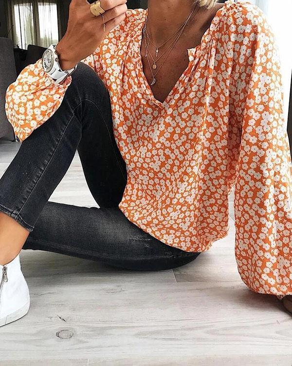 Long Sleeve Multiflora V Neck Shift Blouses