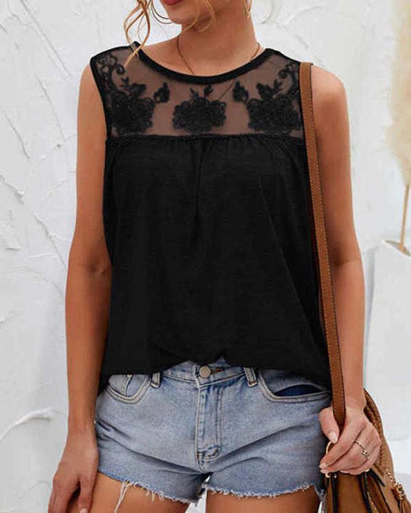Floral Mesh Patchwork Tank Tops Sleeveless Blouse