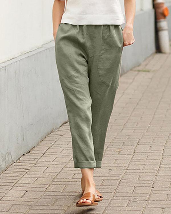 Casual Solid Pocket Elastic Waist Linen Pants