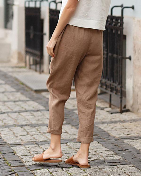 Casual Solid Pocket Elastic Waist Linen Pants