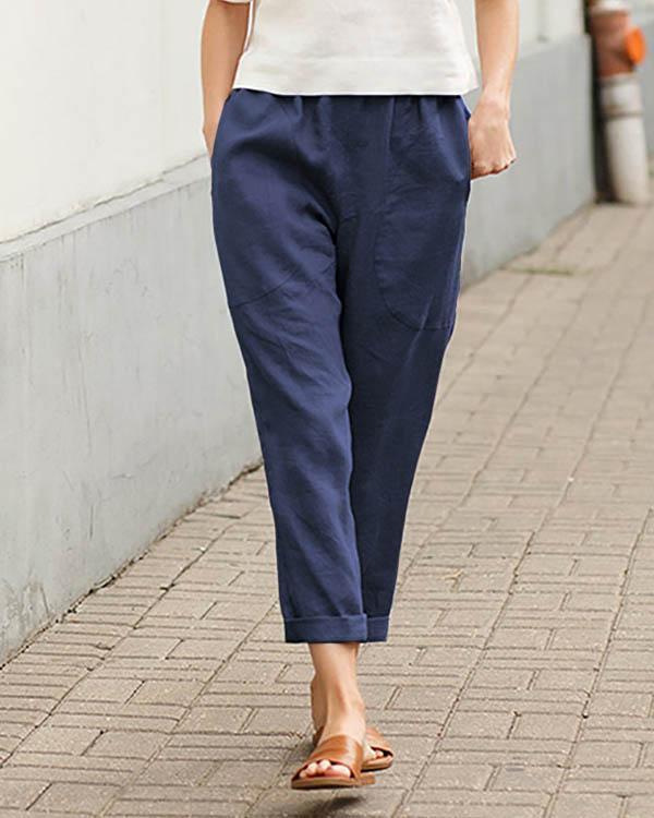 Casual Solid Pocket Elastic Waist Linen Pants