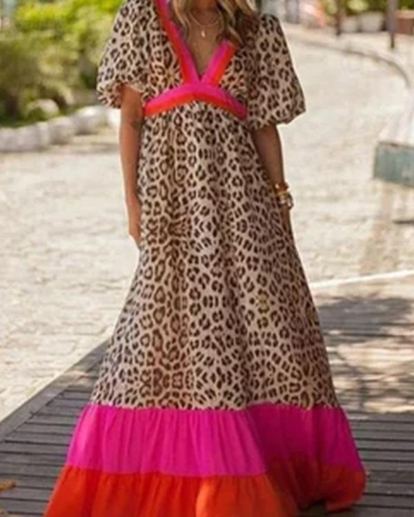 Deep V-Neck Leopard Color Block Maxi Dress