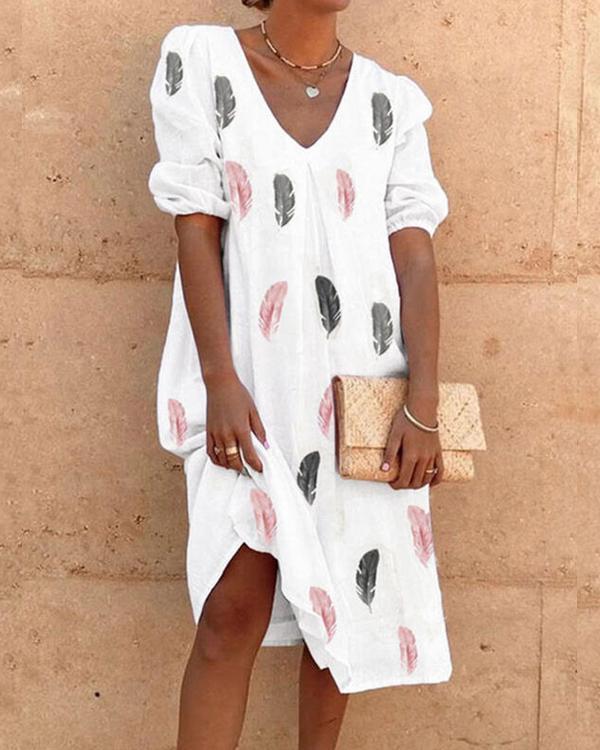 Print V-Neck Half Sleeve Shift Casual Dresses