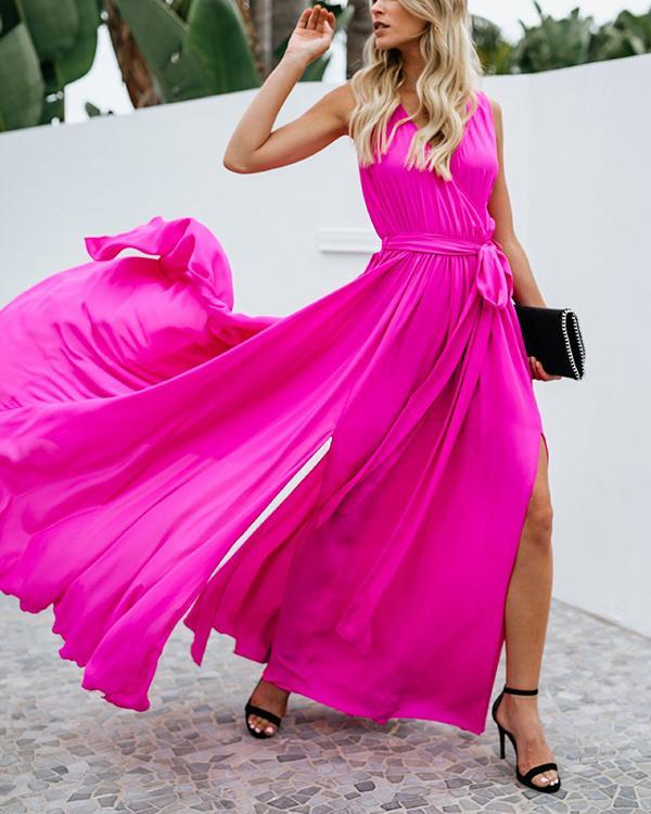 Solid Color V-neck Mid-waist Sleeveless Gown