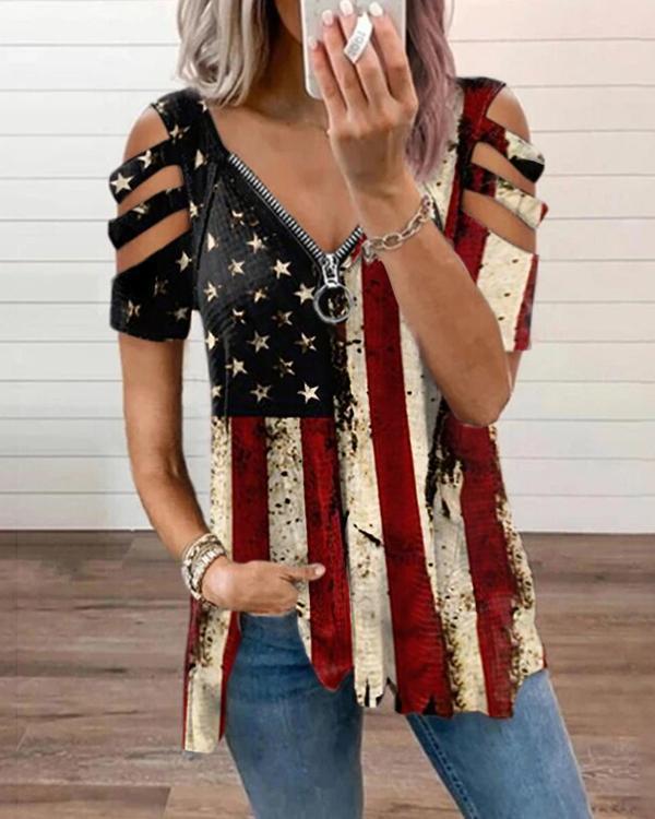 Women's Flag Zipper Casual Graphic Tees Designer