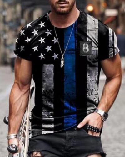 Mens Retro Casual American Flag Short Sleeve T-shirt