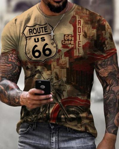 Men Motorcycle Route 66 Short Sleeve Print T-shirt