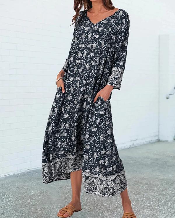 Shift V Neck 3/4 Sleeve Tribal Boho Maxi Dress