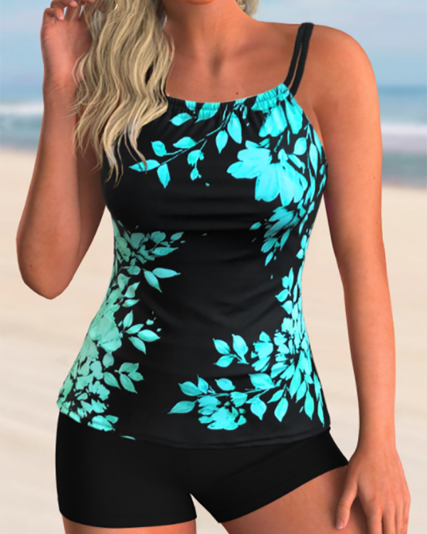 Leaf Print Spaghetti Strap Tankini Set