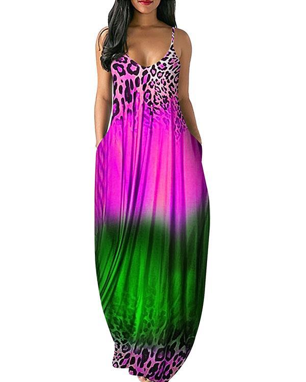 Plus Size Leopard Tie Dye Printed Sexy V Neck Sling Dress