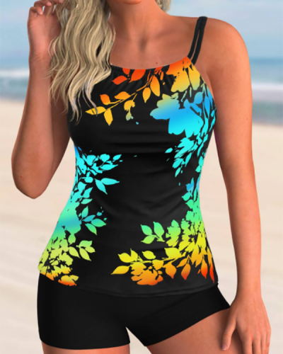 Leaf Print Spaghetti Strap Tankini Set