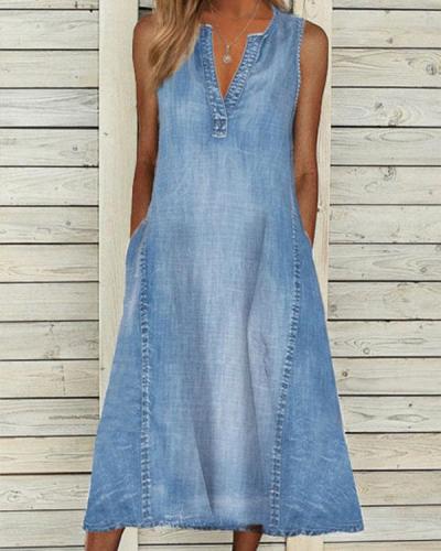 Denim Casual V Neck Sleeveless Midi Dresses