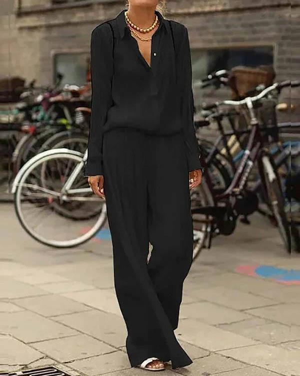Casual Commuting Pleated Shirt And Wide Leg Pants Set