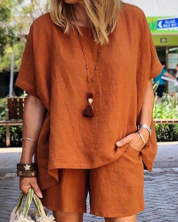 Casual Loose Pure Color Crew Neck Blouse Shorts Two-piece Set
