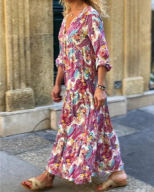 Women Bohemia Printed Sexy Deep V  Maxi Dress