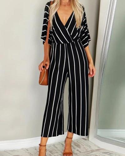 V-neck Wide-leg Striped Jumpsuit