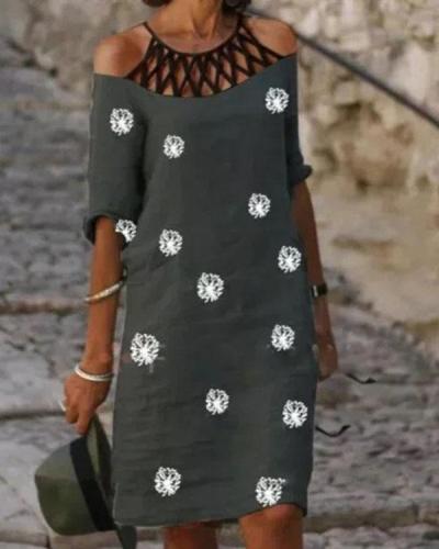 Cold Shoulder Patchwork Print Casual Shift Midi Dress