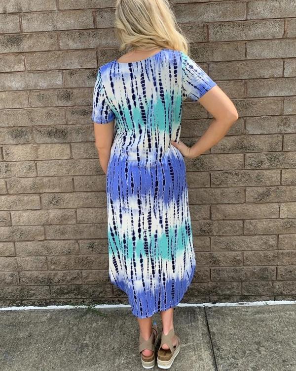 Loose Tie-Dyed Pocket Split Hem Crew Neck Midi Dress