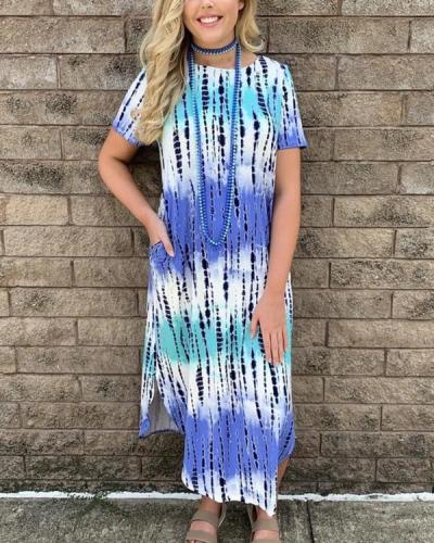 Loose Tie-Dyed Pocket Split Hem Crew Neck Midi Dress