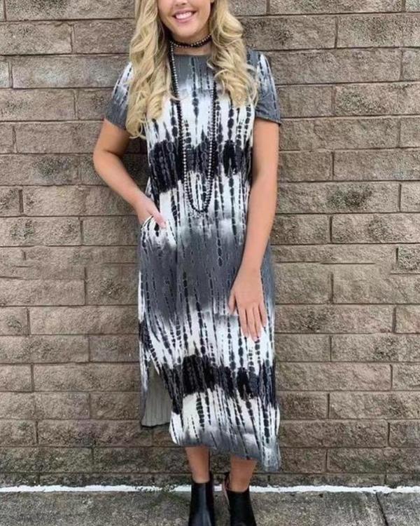 Loose Tie-Dyed Pocket Split Hem Crew Neck Midi Dress