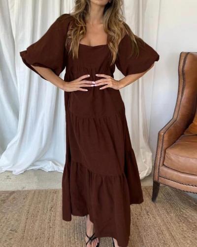 Casual Solid Color Puff Sleeve Dress