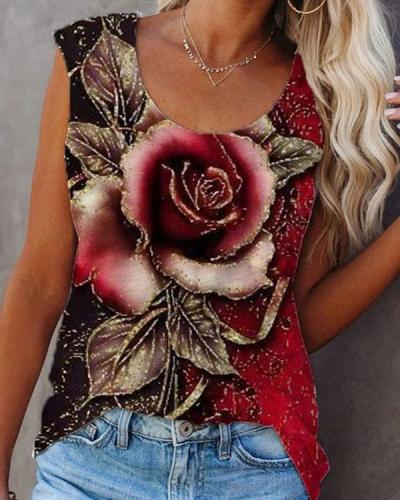 Plus Size Vintage Rose Print Sleeveless Crew Neck Tank Tops