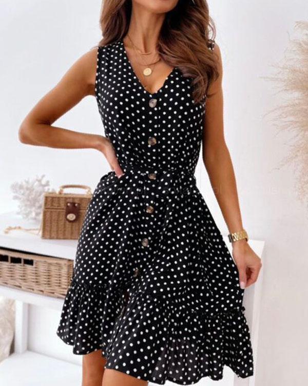 Cute Polka Dot Mini Dress V Neck Button Ruffle Dress