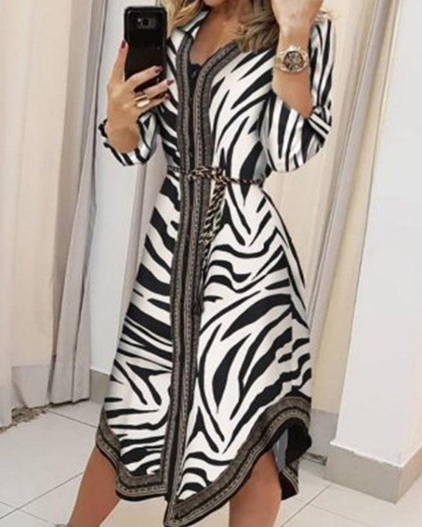 Women Zebra Midi Dress Bandage Shirt Dress