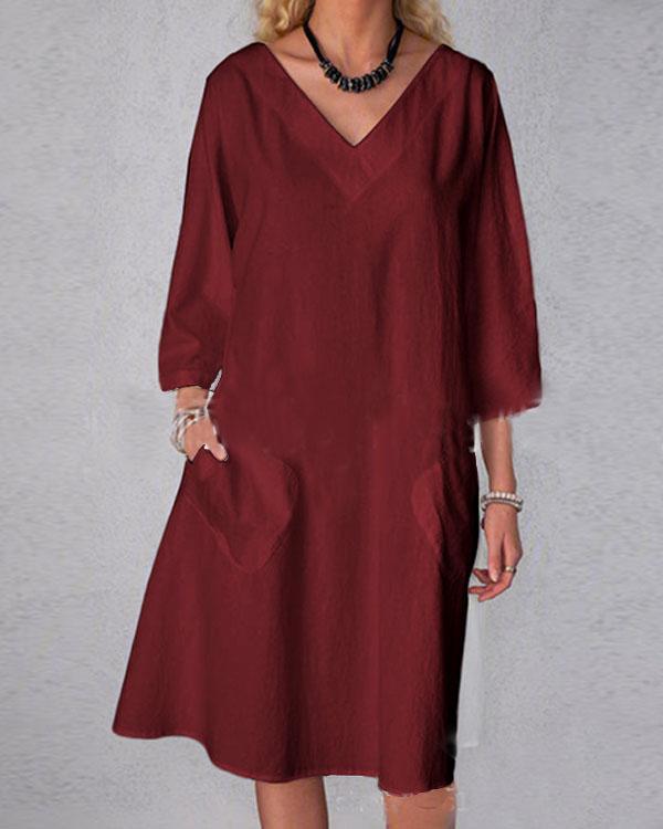 Plus Size 3/4 Sleeve Solid Pocket Casual V Neck Linen Dresses