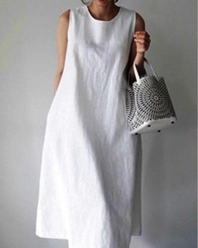 Casual Sleeveless Midi Dress Simple Linen Dresses