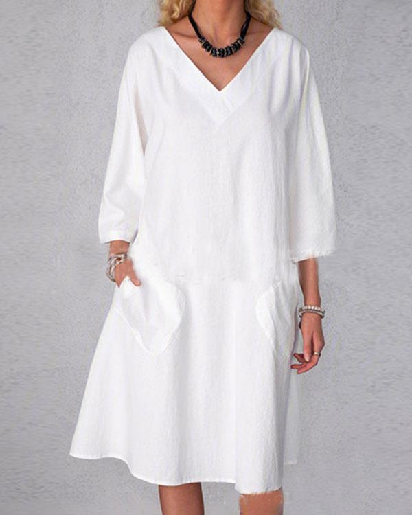 Plus Size 3/4 Sleeve Solid Pocket Casual V Neck Linen Dresses