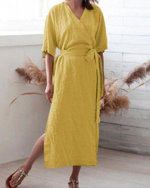 Pure Color V-Neck Slit Cotton Linen Half Sleeve Dress