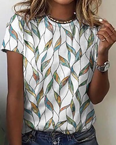 Summer Leaf Print Loose Round Neck Short Sleeves