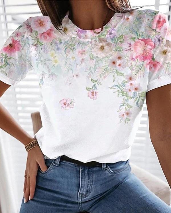 Turtleneck Flower Print Simple T-shirt