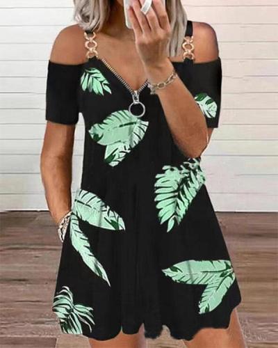 Leaves Print Off Shoulder Casual Tunic Mini Dresses