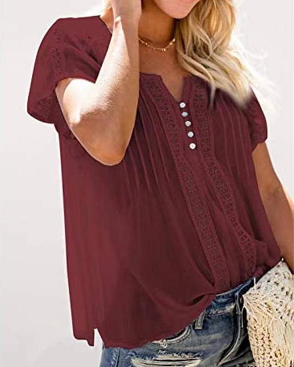 Casual Solid V Neck Lace Crochet Eyelet Shirts Tops