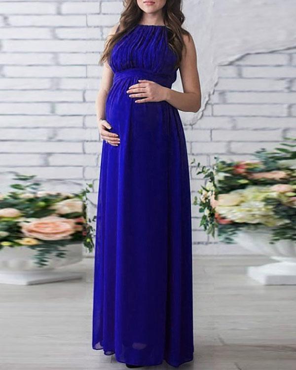 Maternity Sleeveless Pleated Maxi Chiffon Dress