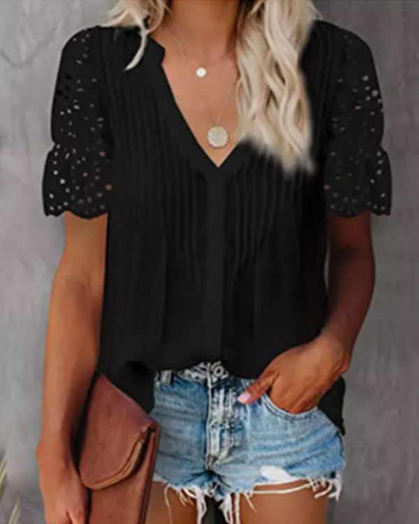 Solid V Neck Lace Crochet Eyelet Casual Shirts