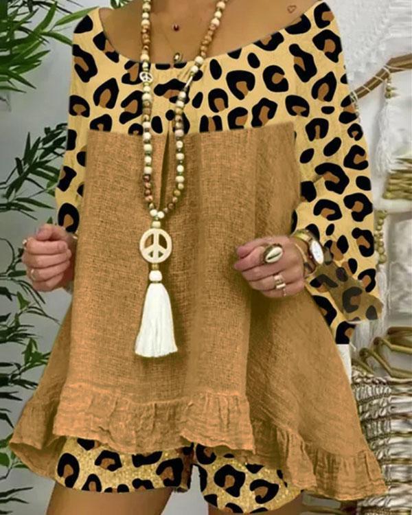 Plus Size Linen Cotton Leopard Patchwork Ruffle Blouse Shorts Set