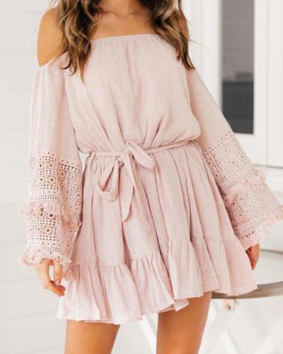 Ruffles Off Shoulder Long Sleeve Belted Mini Dress