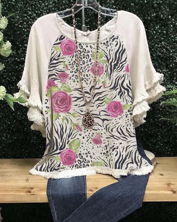 Floral-Print Cotton-Blend Short Sleeve Casual Shirts & Tops